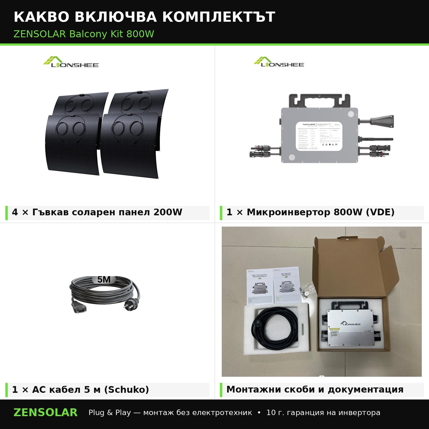 Какво включва комплектът ZENSOLAR Balcony Kit 800W — 4 панела, микроинвертор, кабел, монтажни скоби